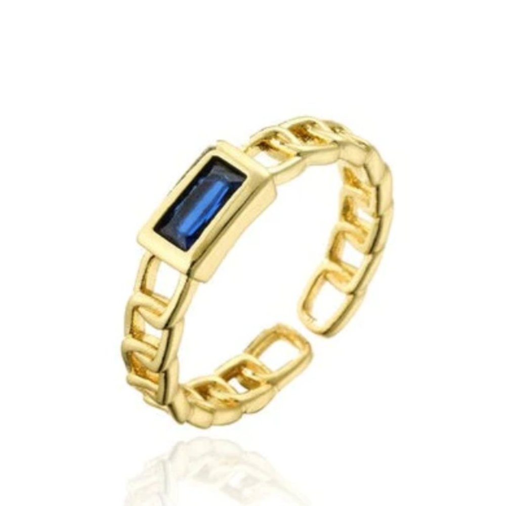 Chain Ring Gold with Faux Sapphire Adjustable